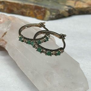 Emerald gemstone and tiny diamond hoop earrings sterling silver